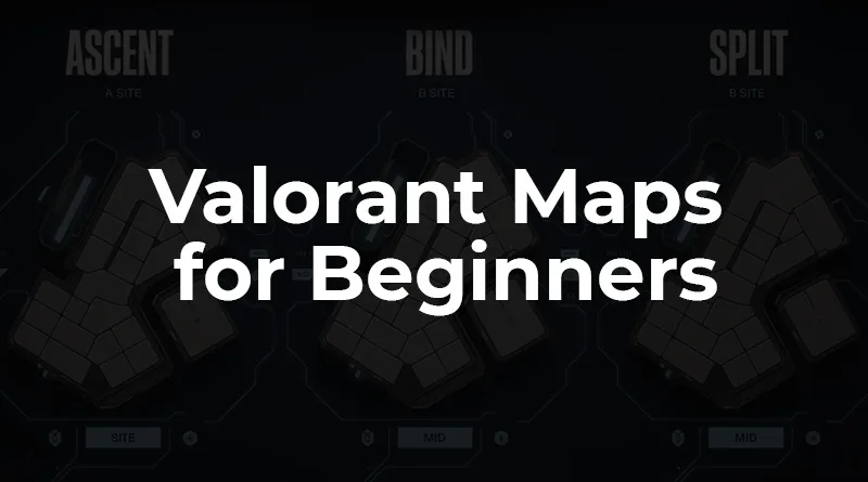A guide to Valorant maps for beginners, showing the overhead layouts for the maps Ascent, Bind, and Split.