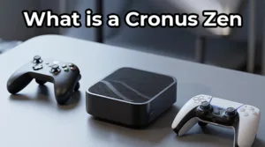 A photo answering the question "what is a cronus zen" by showing the device between an Xbox and PlayStation controller.