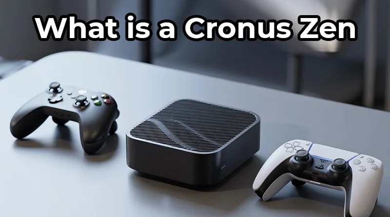A photo answering the question "what is a cronus zen" by showing the device between an Xbox and PlayStation controller.