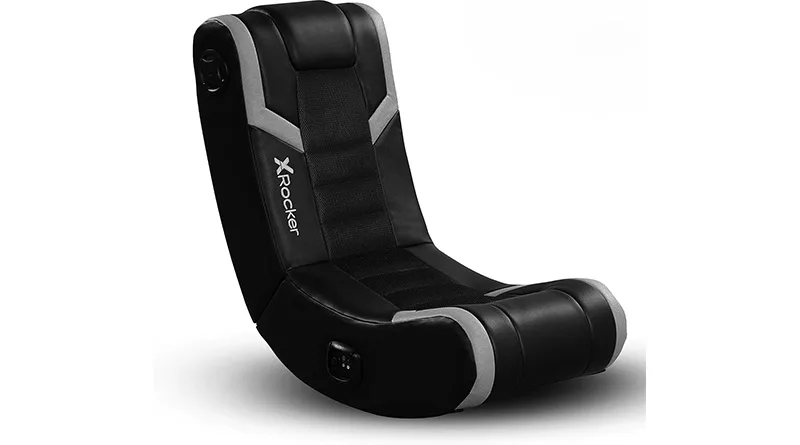 The X Rocker Video Gaming Floor Rocker, one of the best floor gaming chairs, shown from the side to highlight its speakers and ergonomic shape.