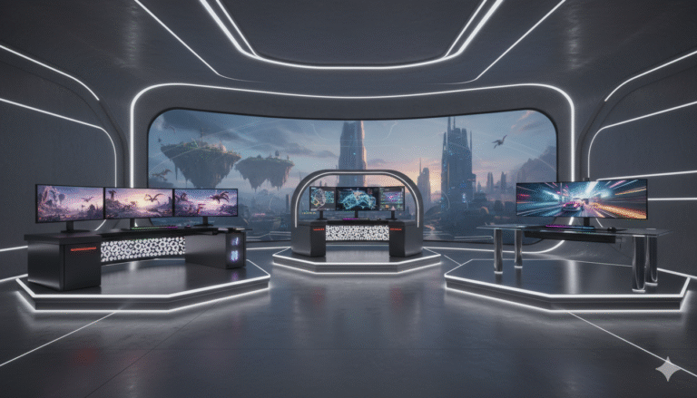 A lineup of the best gaming desks for 2025, showing an L-shaped desk, a U-shaped desk, and a standard desk in a modern gaming room.