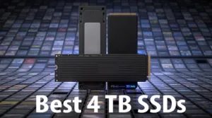 A showcase of the best 4TB SSDs for gaming, positioned in front of a massive, glowing grid representing a digital game library.