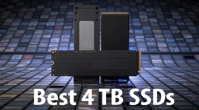 A showcase of the best 4TB SSDs for gaming, positioned in front of a massive, glowing grid representing a digital game library.