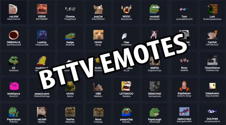 A guide to the best BTTV emotes, showing a Twitch chat filled with popular emotes like Pepega, KEKW, and monkaS.