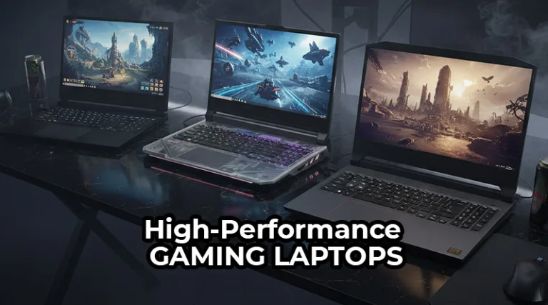 A lineup of the best high-performance gaming laptops of 2025 from Razer, ASUS, and Alienware on a futuristic desk.