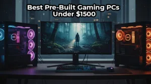 A lineup of the best pre-built gaming PCs under $1500 for 2025, ready for 1440p gaming.