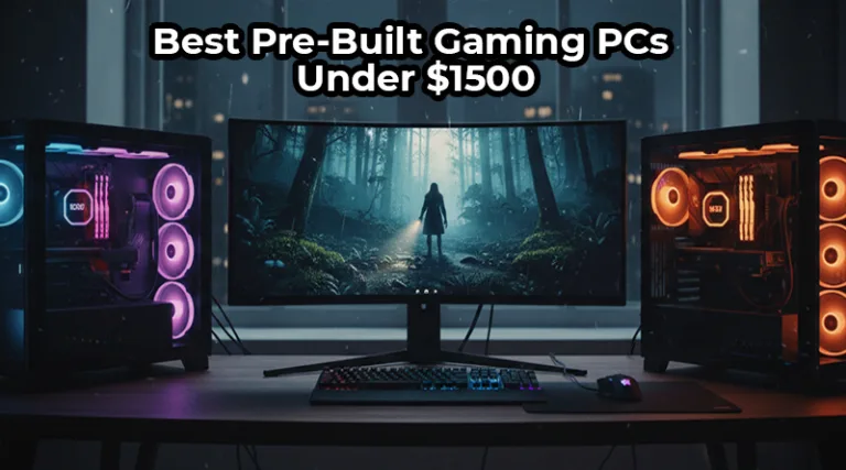 A lineup of the best pre-built gaming PCs under $1500 for 2025, ready for 1440p gaming.