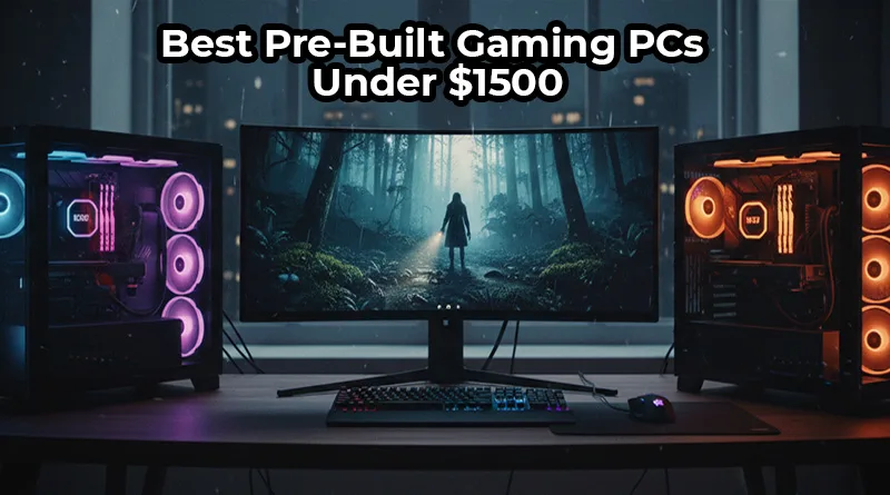 A lineup of the best pre-built gaming PCs under $1500 for 2025, ready for 1440p gaming.