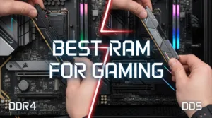 A side-by-side comparison of the best RAM for gaming, showing a DDR4 kit and a DDR5 kit on a motherboard.