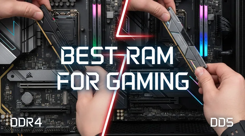 A side-by-side comparison of the best RAM for gaming, showing a DDR4 kit and a DDR5 kit on a motherboard.