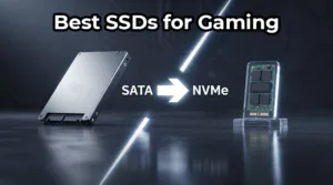 A side-by-side comparison of the best SSDs for gaming, showing a 2.5-inch SATA SSD and a compact NVMe M.2 SSD.