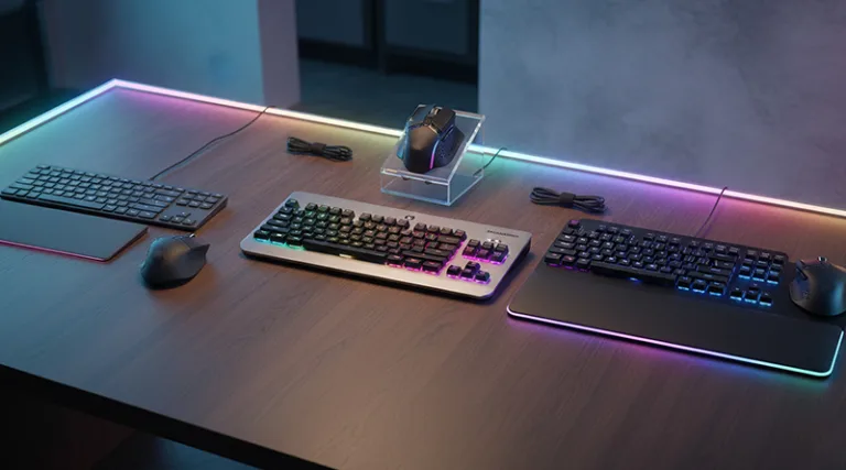 A lineup of the best wireless keyboard and mouse combos for 2025 on a clean, modern desk.