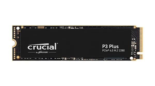 The Crucial P3 Plus, the best value NVMe SSD for gaming, showcasing its simple and effective design.