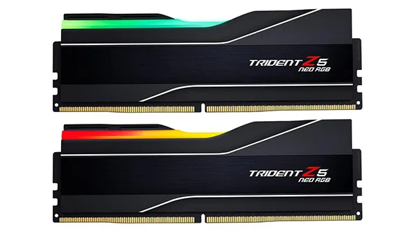 The G.Skill Trident Z5 Neo RGB, the best DDR5 RAM for gaming, with its vibrant RGB lighting glowing.