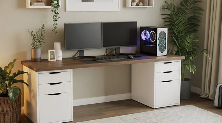 A beautiful, clean IKEA gaming desk setup featuring a KARLBY wood countertop and white ALEX drawer units, with a high-end PC and multiple monitors.