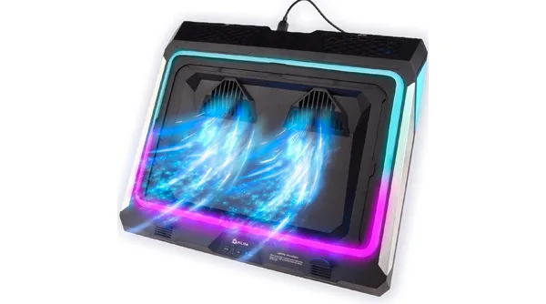 The KLIM Mistral, the best laptop cooling pad overall, showcasing its powerful turbine fans and airtight seal.