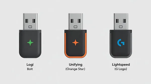  visual comparison of the Logi Bolt, Unifying, and LIGHTSPEED USB receivers to help users identify their connection type.