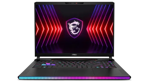 The MSI Raider GE78HX high-performance gaming laptop, showcasing its unique front-facing RGB matrix lightbar.