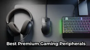 A high-end gaming setup showcasing the best premium gaming peripherals: a Razer mouse, a SteelSeries keyboard, and an Artisan mousepad