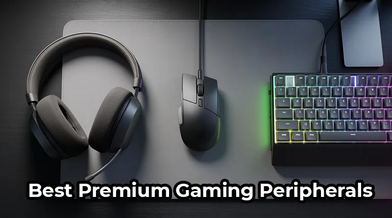 A high-end gaming setup showcasing the best premium gaming peripherals: a Razer mouse, a SteelSeries keyboard, and an Artisan mousepad