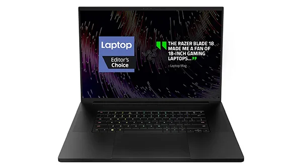 The sleek and powerful Razer Blade 18, the best overall high-performance gaming laptop, showing its large 18-inch QHD+ screen.