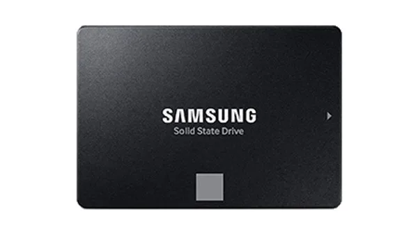 The Samsung 870 EVO, the best SATA SSD for mass game storage, with a SATA cable ready to be connected.