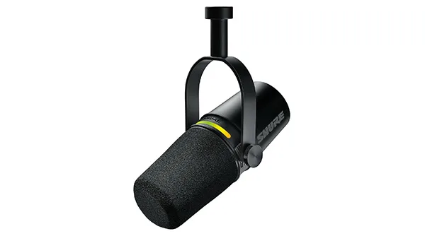 The Shure MV7, the best hybrid USB/XLR microphone for studio-grade streaming audio, set up on a desk.