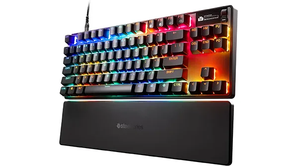 The SteelSeries Apex Pro TKL, the best premium gaming keyboard, with its OmniPoint 2.0 adjustable switches highlighted.