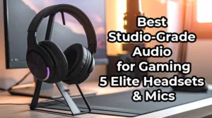 A high-end gaming setup featuring studio-grade audio gear, including Audeze Maxwell headphones and a Shure SM7B microphone.
