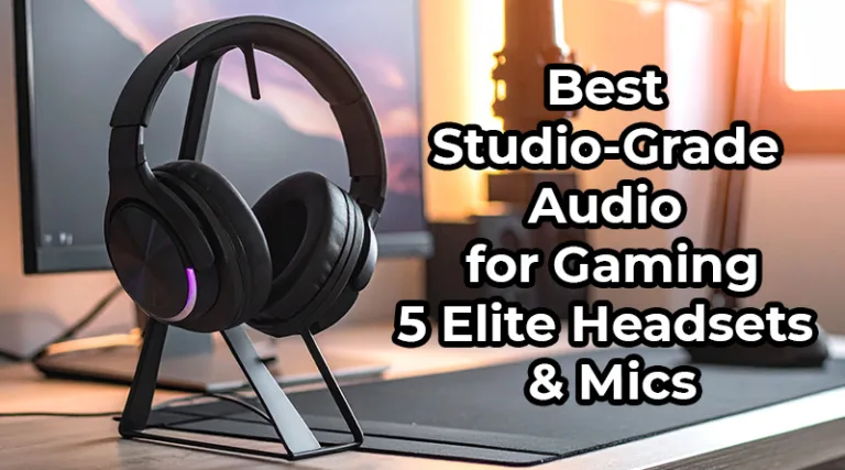 A high-end gaming setup featuring studio-grade audio gear, including Audeze Maxwell headphones and a Shure SM7B microphone.