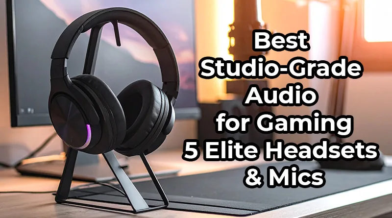 A high-end gaming setup featuring studio-grade audio gear, including Audeze Maxwell headphones and a Shure SM7B microphone.