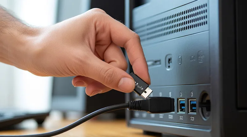 A person's hand unplugging and replugging a 2.4GHz USB dongle to fix a wireless keyboard not working.