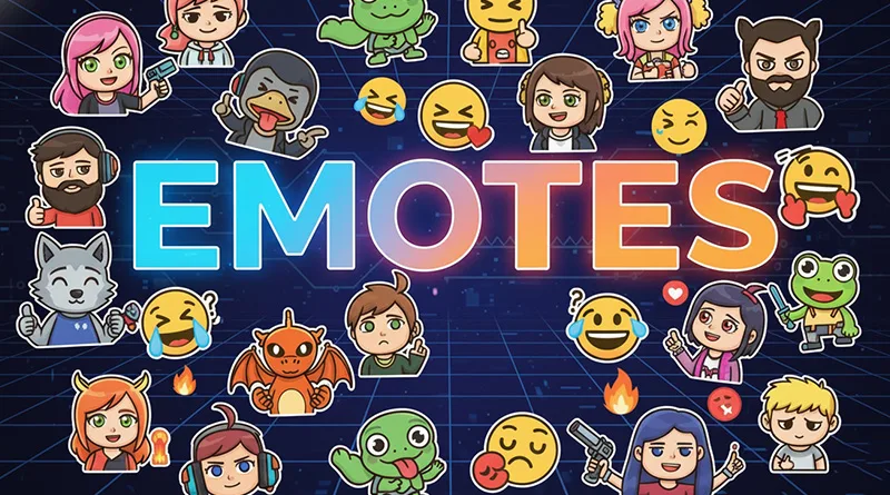 The Ultimate Guide to Emotes, showing a collage of popular emotes from Twitch, Discord, and Fortnite.