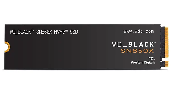 The WD_BLACK SN850X, the best performance NVMe SSD for gaming, with its optional RGB heatsink glowing.
