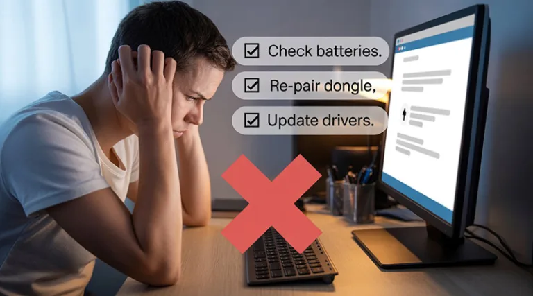An image showing a wireless keyboard not working, with a person looking frustrated and a checklist of easy fixes in the foreground.