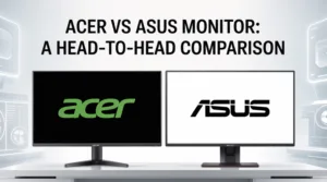 A side-by-side display of an Acer Predator monitor and an ASUS ROG Swift monitor, illustrating the Acer vs ASUS Monitor competition.