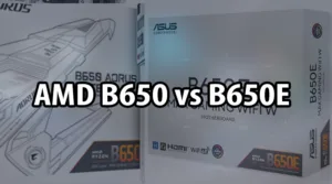 Side-by-side comparison of an AMD B650 and B650E motherboard, highlighting the key differences in their chipsets for a full B650 vs B650E review.