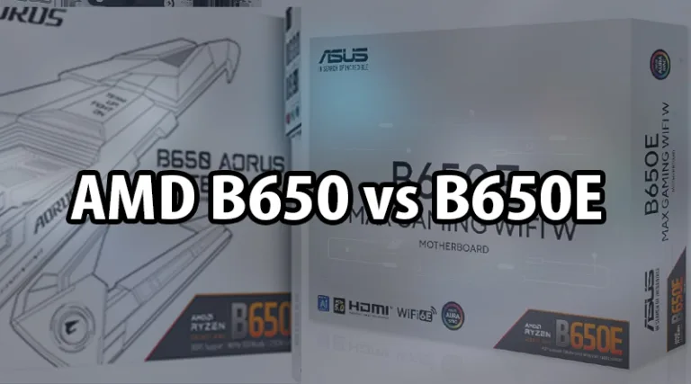 Side-by-side comparison of an AMD B650 and B650E motherboard, highlighting the key differences in their chipsets for a full B650 vs B650E review.