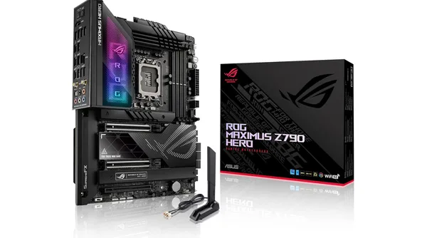 Close-up of the ASUS ROG MAXIMUS Z790 HERO, highlighting its premium heatsinks and VRM design as the best gaming motherboard for Intel.