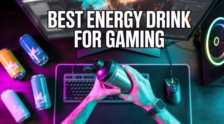 A selection of the best energy drinks for gaming powders and cans next to a high-end gaming keyboard and mouse.