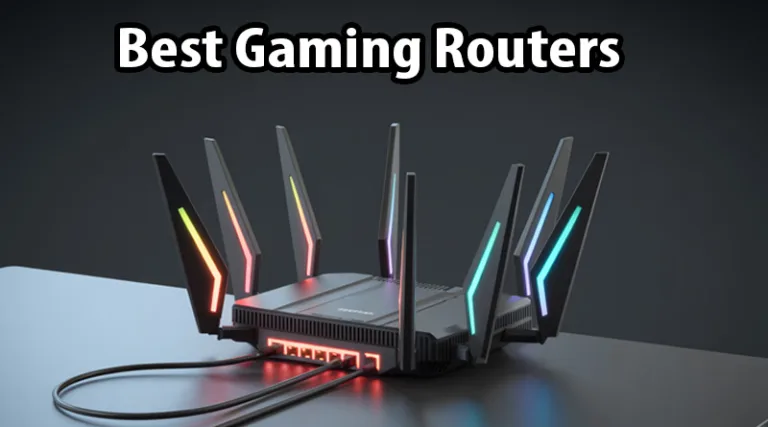 A high-end, futuristic-looking best gaming router with multiple external antennas sitting on a desk, ready for a gaming setup.