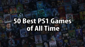 A nostalgic collage of cover art from the 50 best PS1 games of all time, including Final Fantasy and Metal Gear Solid.