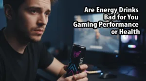 A gamer looking concerned while drinking a zero-sugar energy drink, addressing the question: Are Energy Drinks Bad for You Gaming long-term?