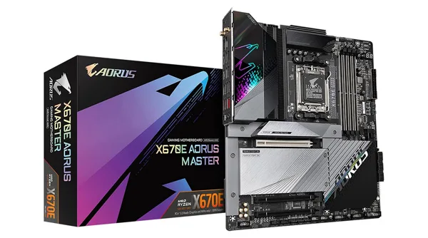 The high-end GIGABYTE X670E AORUS MASTER, showing its massive heatsinks and PCIe 5.0 slots for ultimate AMD future-proofing.