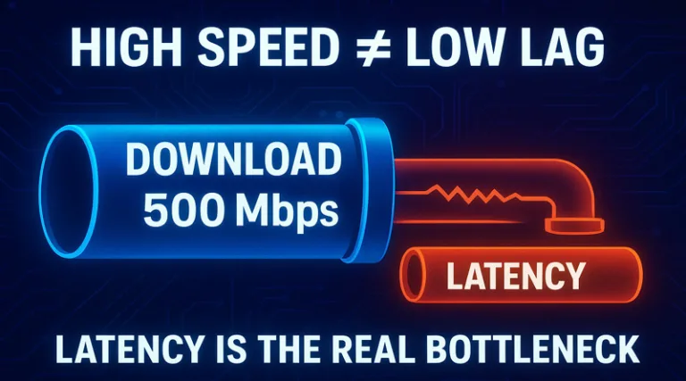 A conceptual chart showing that is 300 mbps good for gaming by illustrating how low latency (ping) is more important than the raw Mbps speed.