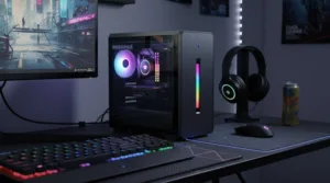 A Lenovo Mini PC sitting on a gaming desk, highlighting its compact size and RGB lighting.