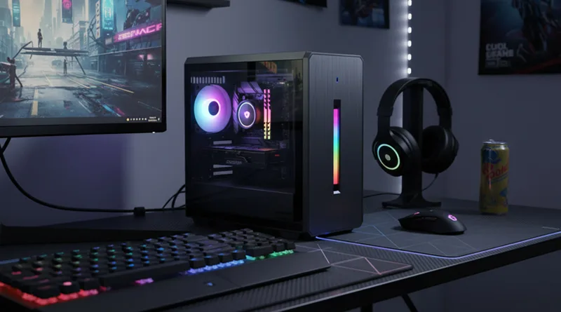 A Lenovo Mini PC sitting on a gaming desk, highlighting its compact size and RGB lighting.