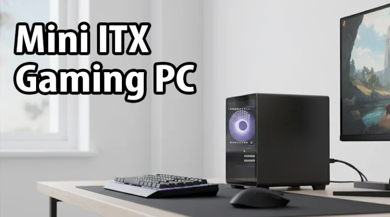 A sleek, modern black Mini ITX Gaming PC on a desk next to a monitor and keyboard, illustrating its compact size.