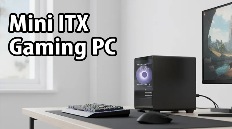 A sleek, modern black Mini ITX Gaming PC on a desk next to a monitor and keyboard, illustrating its compact size.