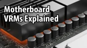 Close-up shot of a motherboard's large VRM heatsinks, demonstrating the VRM quality as Motherboard VRMs Explained for stability.